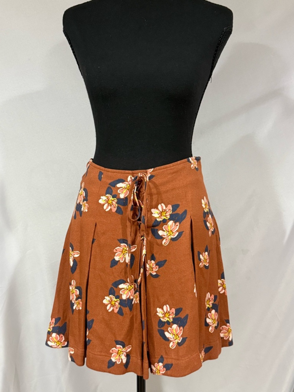 Free People Rust Brown Floral Lace-Up Skater Skirt